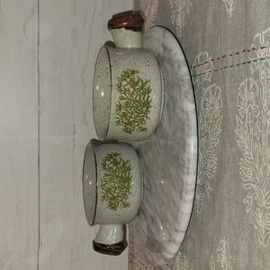 Vintage | Pair of Stoneware Handled Soup Bowl with Orange Flower Details